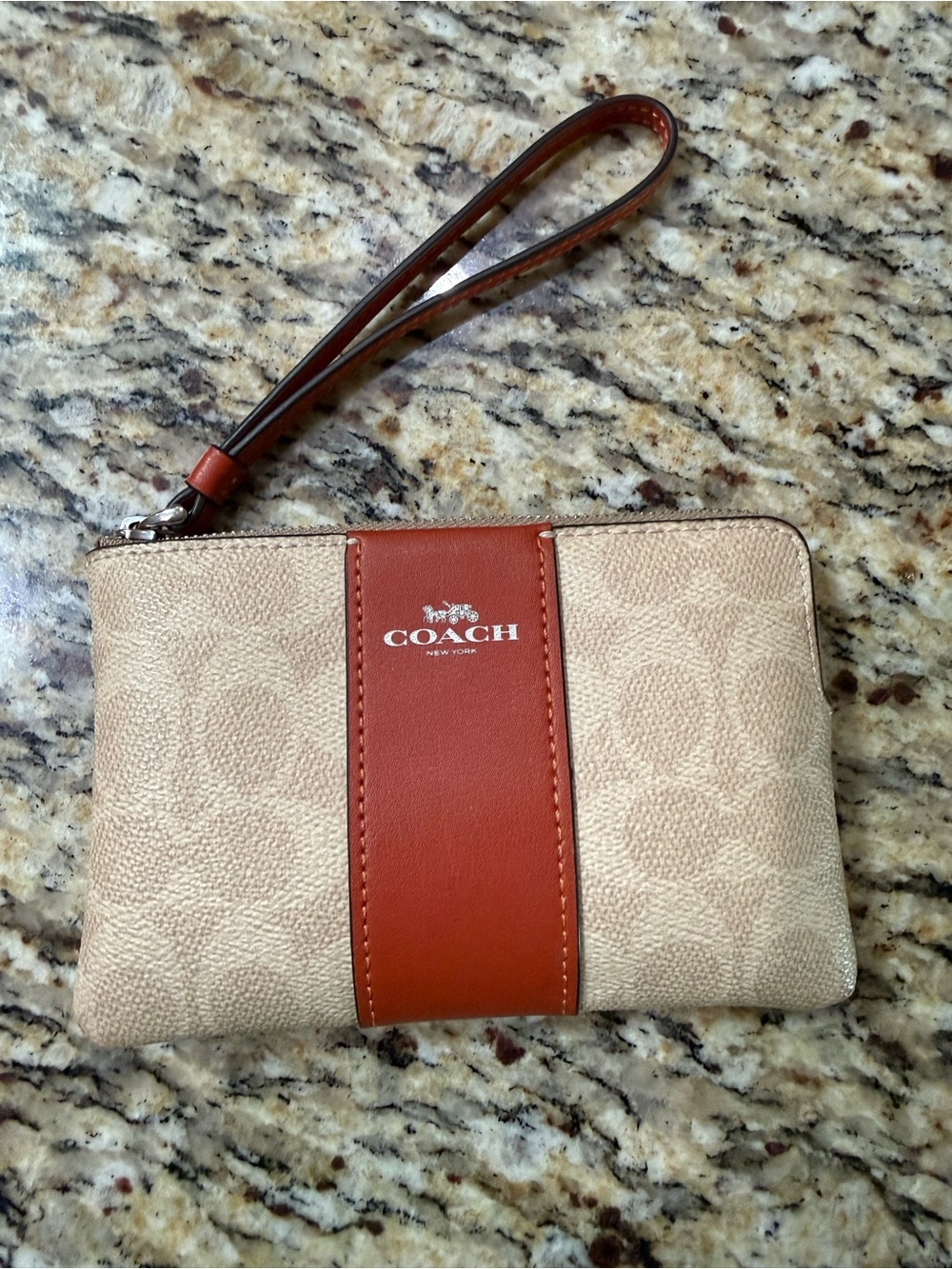 Coach Beige Canvas Wristlet with Rust Leather Stripe